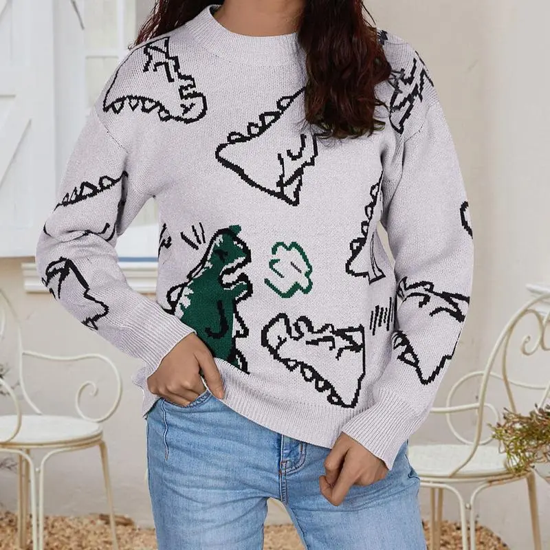 Cozy Cartoon Dinosaur Sweater for Fall/Winter Knitwear Womenswear Tops Casual