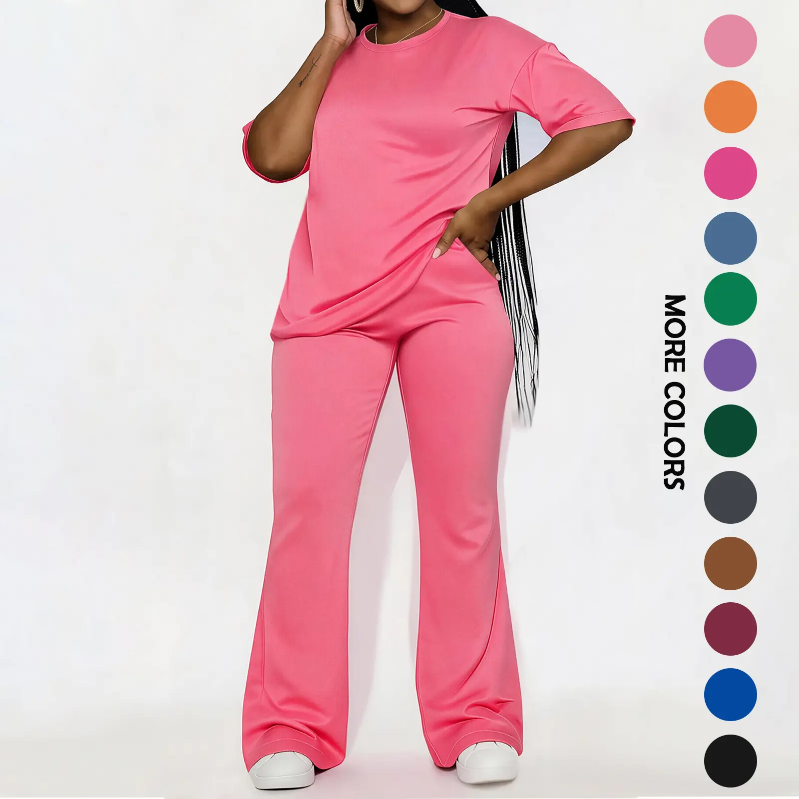 Women's Solid Drop Shoulder 2-Piece Set - Half Sleeve Crewneck (Round Neck) Fitted Minimalist Tee & Pants, Casual Cozy Womenswear for Daily Outdoor Fall Wear, Casual Women's Set Suits Basic Shortsleeve Clothes