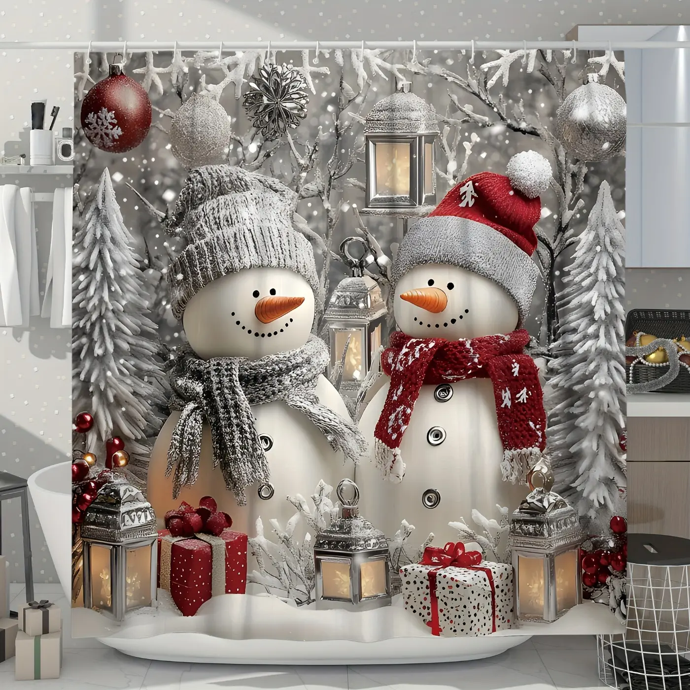 Christmas Winter Snowman Ball Gift Tree Cute White Red Shower Curtain, Housewarming Gift, Polyester Machine Washable for Xmas Bathroom or Shower Decor