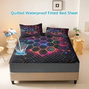 Waterproof Bedding Set, Geometric Abstract Design, Includes Pillowcases, Honeycomb Grid & Glowing Lines, All-Season Use, Bedroom Decor