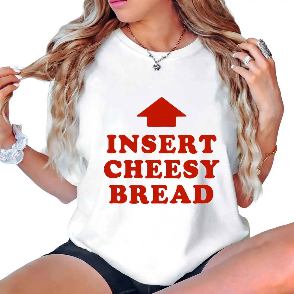 Women's Cotton Printed Short-Sleeve T-Shirt - Red "INSERT CHEESY BREAD" Lettering, Red Arrow Design, Round Neck, Casual Fitted Streetwear, Soft Comfortable Fit, Made In USA