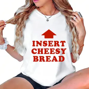 T-Shirt Featuring Red "INSERT CHEESY BREAD" Lettering and Red Arrow Design Made In USA For Women For Men [180G/230G 100% cotton short-sleeve/hoodie, soft and comfortable]