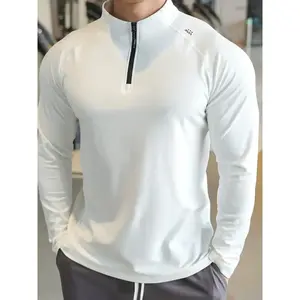 Men's Solid Color Casual Slim Fit Half-Zip Long Sleeve Quick-Dry Shirt, for Gym Hiking Fishing Camping Outdoor Activities, Breathable Workout Tops, Gym Top