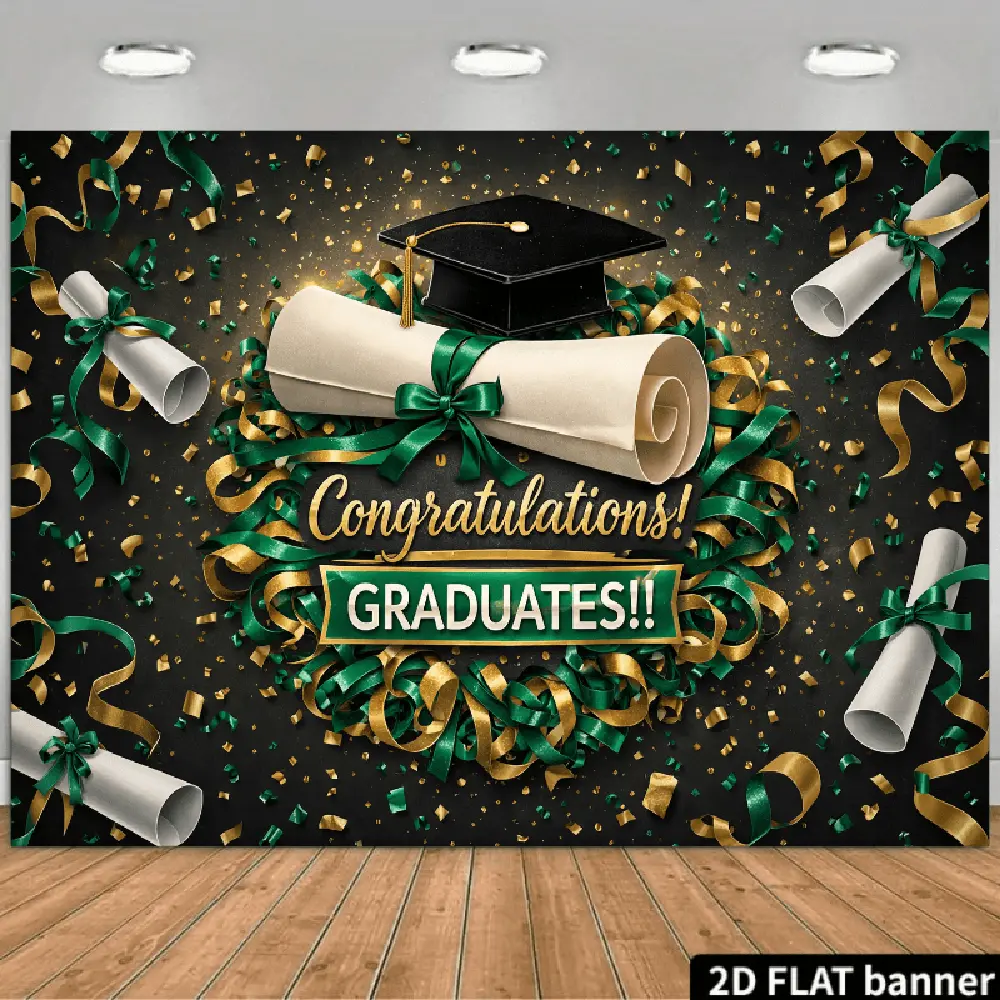 2D Flat Banner Polyester Photography Backdrop, HD Digitally Printed Graduation Theme Background Cloth featuring Black, Gold, and botanical Confetti, Graduation Cap, and Diplomas, suitable for Graduation Parties, Photo Booths, and