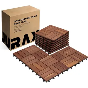 Premium 12"x12" Snap-Together Patio Deck Tiles (10 PCs), Waterproof All-Weather Outdoor Flooring for Balcony, Porch, with Self-Adhesive Adjustable Reversible Drywall Taping Tool Set (Golden Teak)