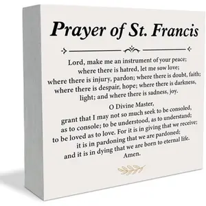 Christian St. Francis Wooden Box Sign, Prayer of St. Francis Wood Plaque Sign Religious Home Decor for Home Bedroom Prayer Room Shelf Table 5x5 inch