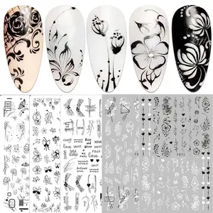 10 Sheets Black & White Floral Nail Art Stickers - Self-Adhesive, Reusable Spring Blossom Decals with Vibrant Flower Designs for Easy DIY Nail Decoration, Nail Stickers