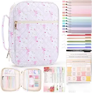 Bible Cover for Women Carrying Book Case with Zipper Pocket and Handle, Tabs, Study Supplies Organizer Quilted Bible Bags Floral Pattern Large Book Carrier