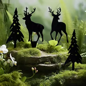 Metal Christmas Reindeer & Pine Tree Decorations, Holiday Animal Silhouette Garden Stakes, Indoor Bonsai Outdoor Patio Party Props