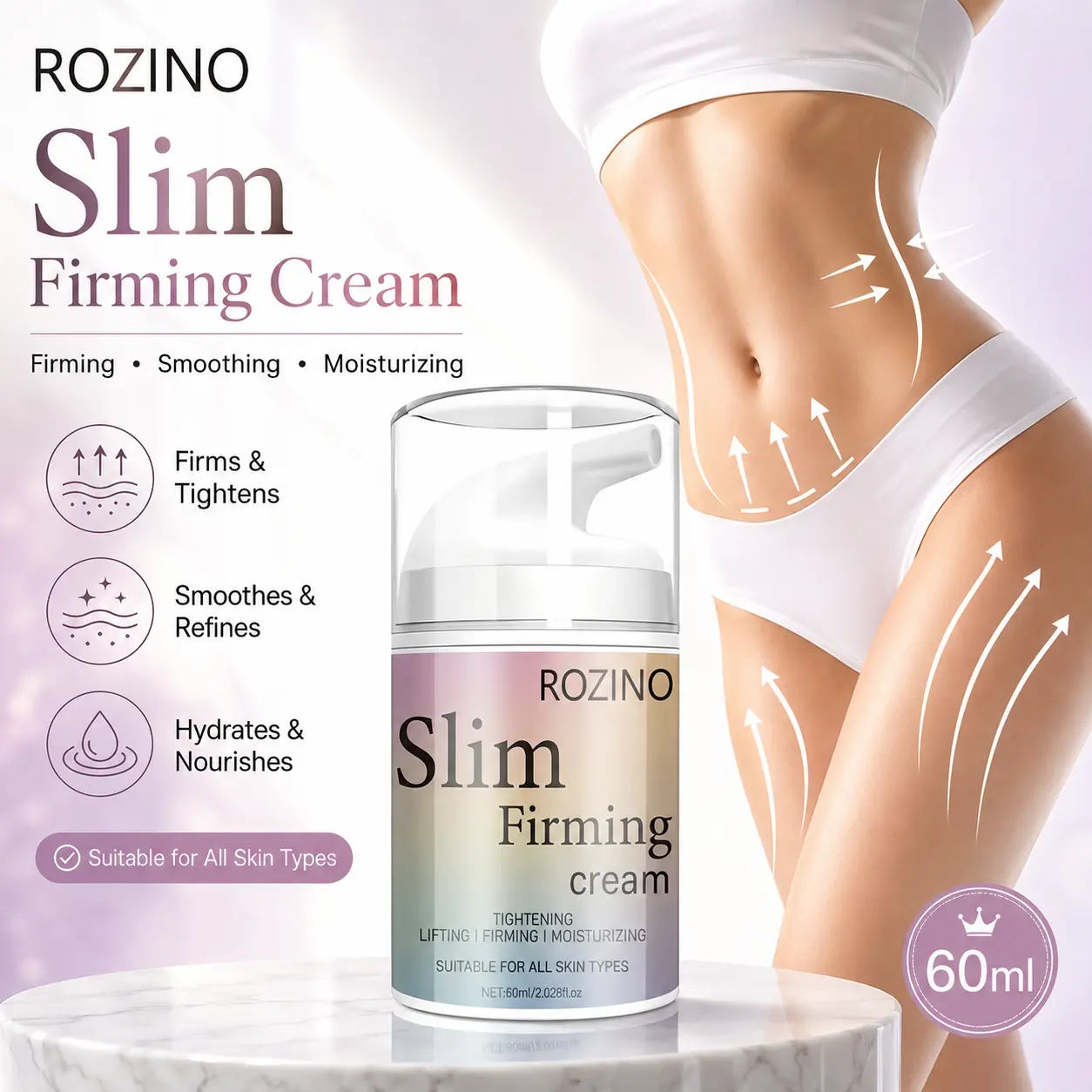 ROZINO Slim Firming Cream 60ml - Lightweight Women's Body Shaping Cream with Ginger Extract, Moisturizes, Smoothes Skin, Tightens Multiple Skin Areas, Daily Body Care Treatment