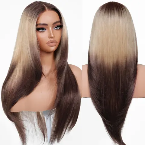 BrownBomb 26in T-Lace Frontal Synthetic Wig for Women - Glueless, Pre-Cut, Pre-Plucked, Face-Framing, Perfect Middle Part, Heat-Resistant Fiber, Realistic, Affordable, Wear and Go, for Daily Wear, Birthday, Lace Frontal Wig,sohochic