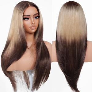 BrownBomb Wear and Go Layered Straight Synthetic Wig Glueless Pre Cut Lace Pre Plucked 26 Inch and Face Framing Bangs T Lace Perfect Middle Part Heat Resistant Fiber Realistic Wig for Daily Wear Parties Dating summerwins