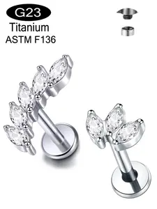 1pc G23 Titanium Ear Studs Piercing, 6/7/8/9/10mm Internally Threaded Labret Cz Lip Rings, Labret Studs Replacement, Helix Tragus Earrings, Body Jewelry 16g 18g
