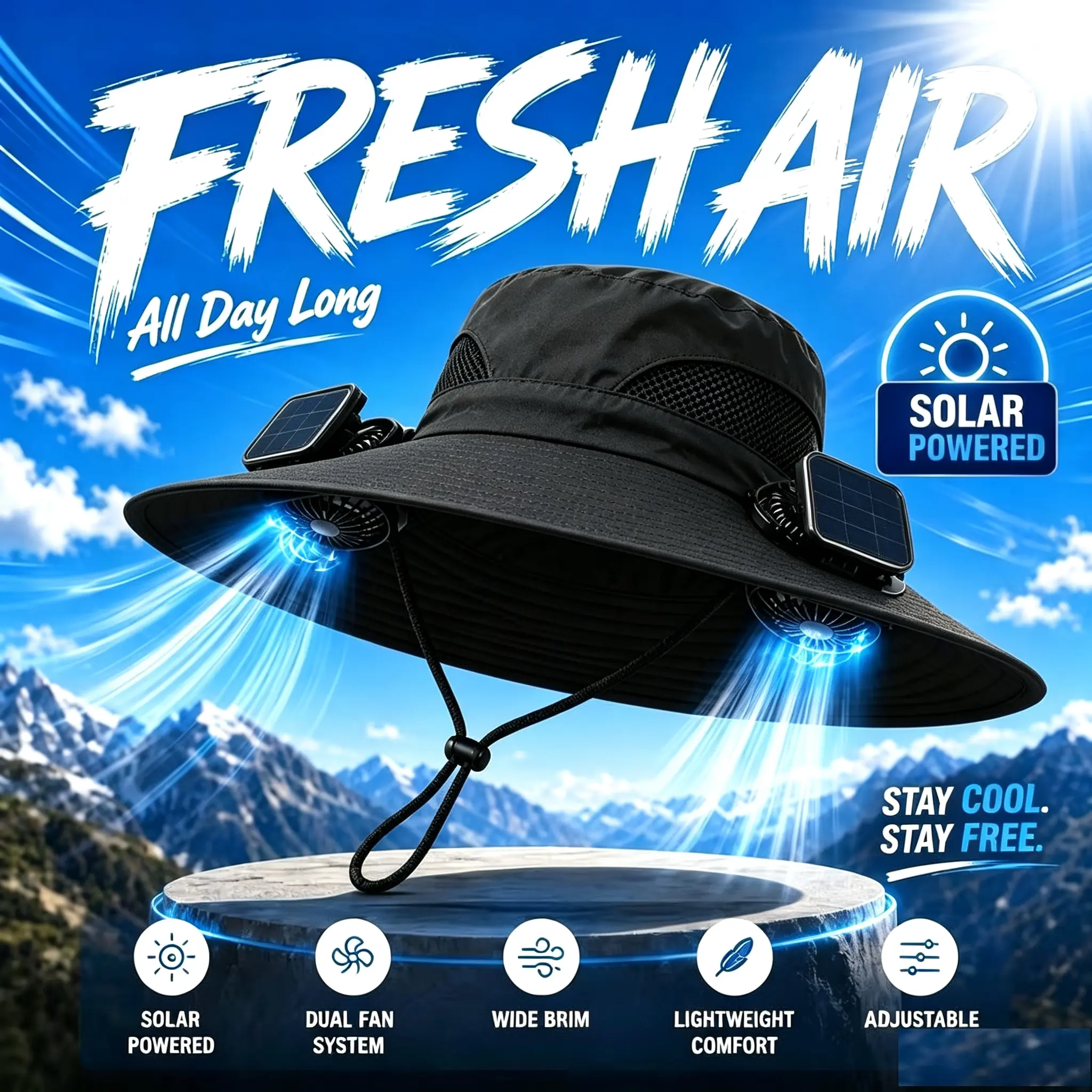 Unisex Solar-Powered Wide-Brim Sun Hat with Dual-Fan Cooling System, Adjustable Airflow Outdoor Hat, Ideal for Summer Travel, Gardening, Great Holiday Gift for Outdoor Enthusiasts