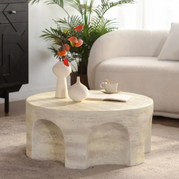 Modern Minimalist Round Flat-Top Arched Coffee Table with Faux Stone Finish & Arched Cutout Base, No Assembly Required, Sturdy Stable Center Table for Living Room & Bedroom, Round Coffee Tables, Arched Coffee Tables