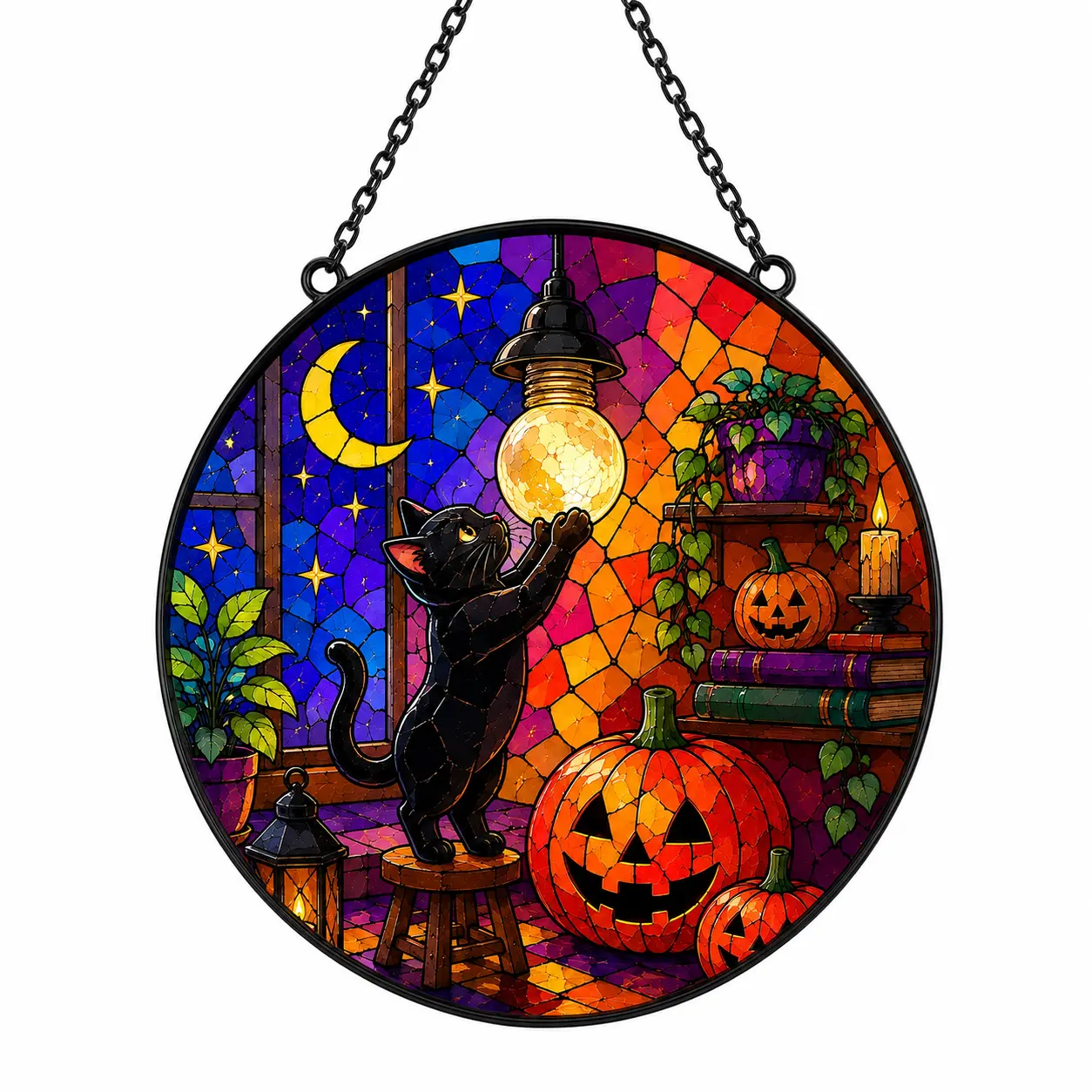 Halloween Black Cat Suncatcher, Stained Glass Style Pumpkin Window Hanging, Witchy Cat Sun Catcher, Spooky Fall Home Decor, Halloween Window Ornament, Cat Lover Gift