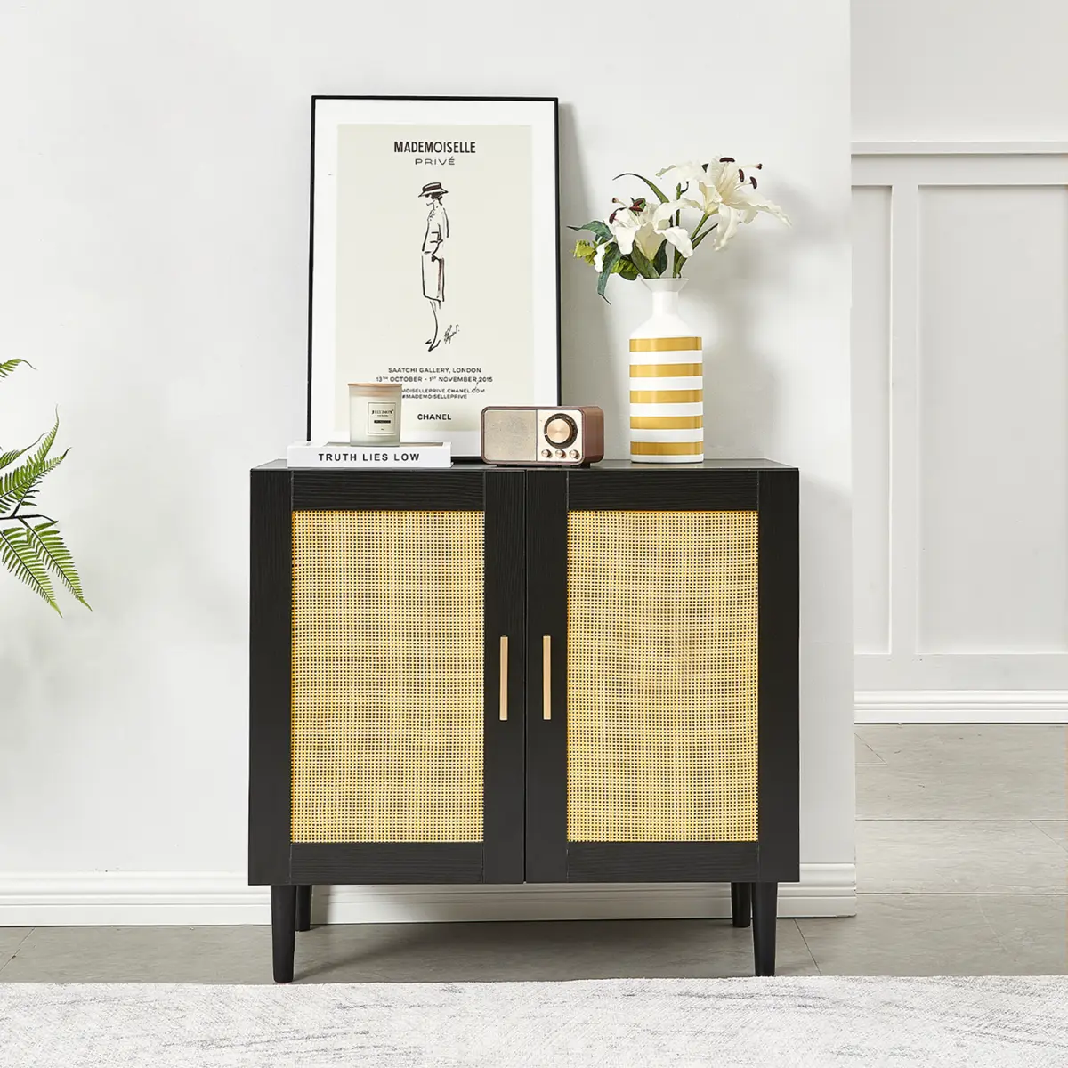 [Fahuac] Natural Rattan Sideboard Buffet Cabinet - Cushioned Doors, Adjustable Shelves, Adjustable Storage, Basketry, Display Shelves, Easy, Enclosure Units, Modern Cane Console for Living Room, Entryway, Adjustable Storage Cabinets, Basketry Cabinets