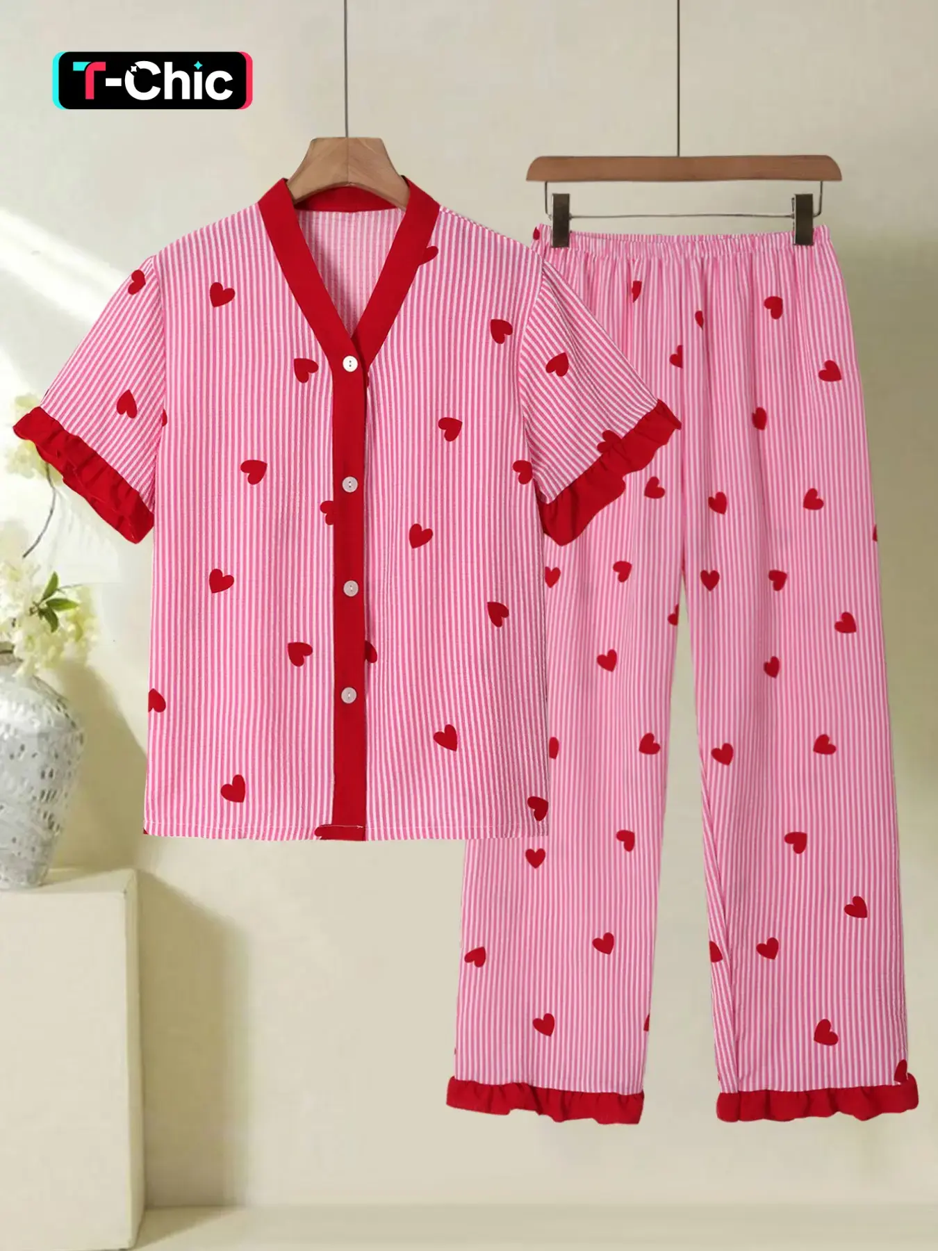 Women's Cute Pajama Sleepwear Set, Heart Pattern V Neck Button Short Sleeve Top & Pants, Lightweight Polyester Loungewear Homewear