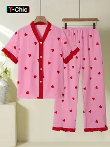 Women's Cute Pajama Sleepwear Set, Heart Pattern V Neck Button Short Sleeve Top & Pants, Lightweight Polyester Loungewear Homewear