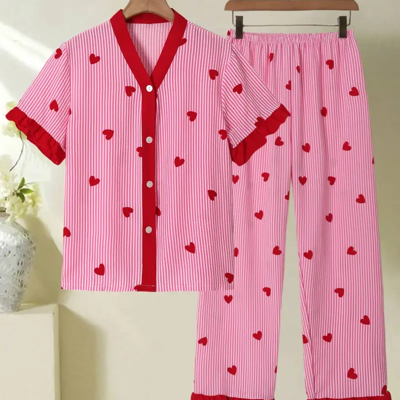 Women's Cute Pajama Sleepwear Set, Heart Pattern V Neck Button Short Sleeve Top & Pants, Lightweight Polyester Loungewear Nightwear Homewear