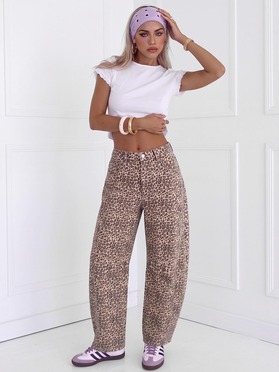 AUTOMET Women's Vintage High-Waist Oversized Wide-Leg 9-Point Ankle Pants - Comfortable Streetwear Bottoms with Button, Leopard, Floral, Denim Prints (Duneleopard Fit)