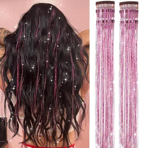 NAYASA Clip-in Sparkly Fairy Hair Tinsel Synthetic Extensions Kit for Women - 6 Pcs 24in Polyester Strands with Metal Clips, Festival Party Costumes Tribal Outfit Accessories, Synthetic Hair Extensions