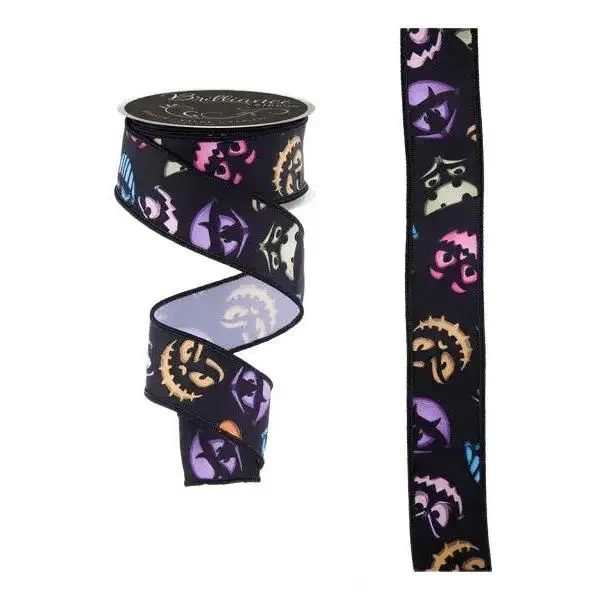 1.5" x 10yd Pumpkin Scary Faces Halloween Ribbon