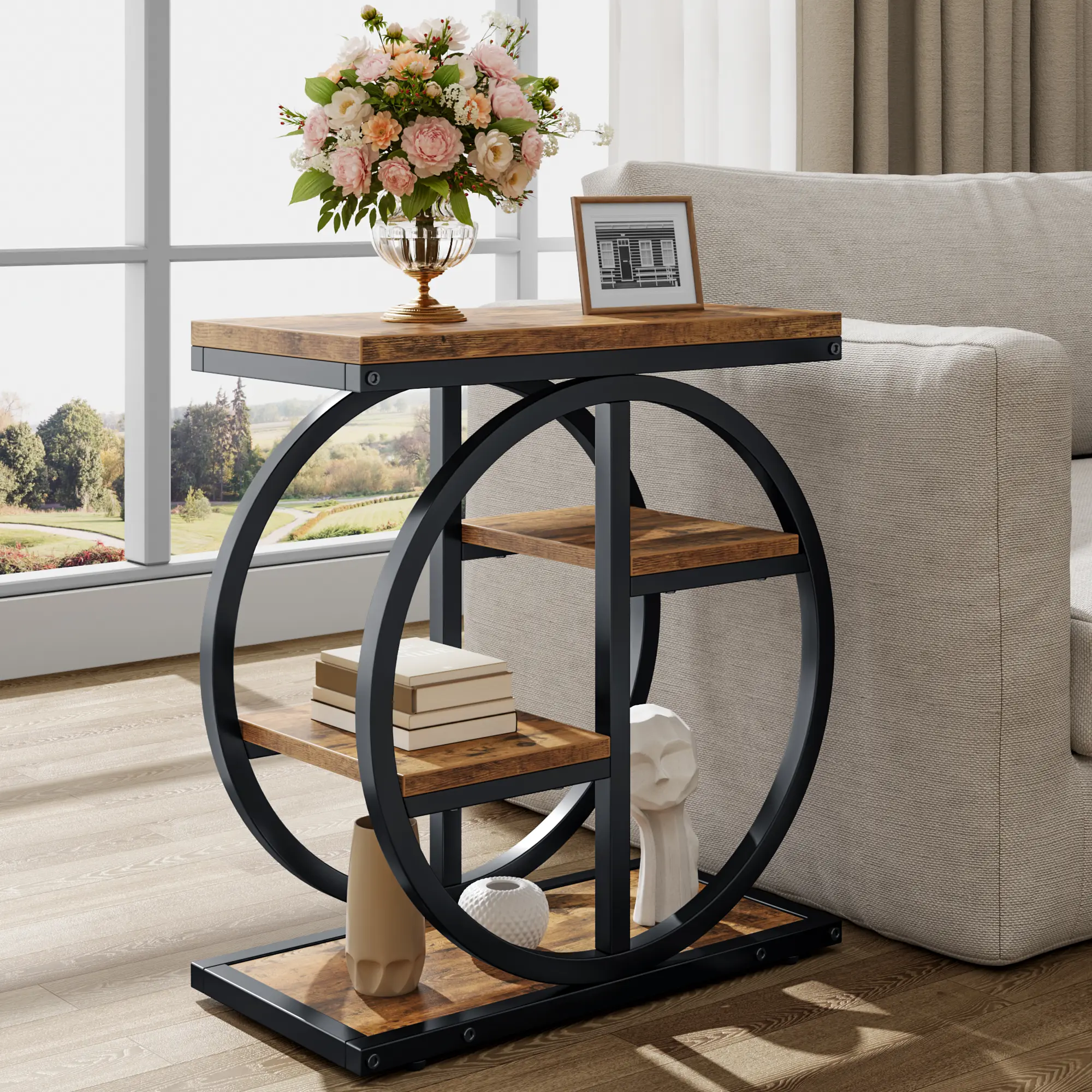 Semoic End Tables for Living Room 4-Tier Narrow Side Table with Storage Space Wood Slim Sofa Side Table with Geometric Metal Frame Industrial Skinny Nightstand and Bedside Table Rustic Brown