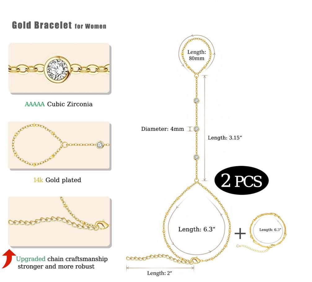 17KM 3Pcs Adjustable 14K Gold-Plated Stack Bracelets - Trendy Dainty Ring Hand Chain