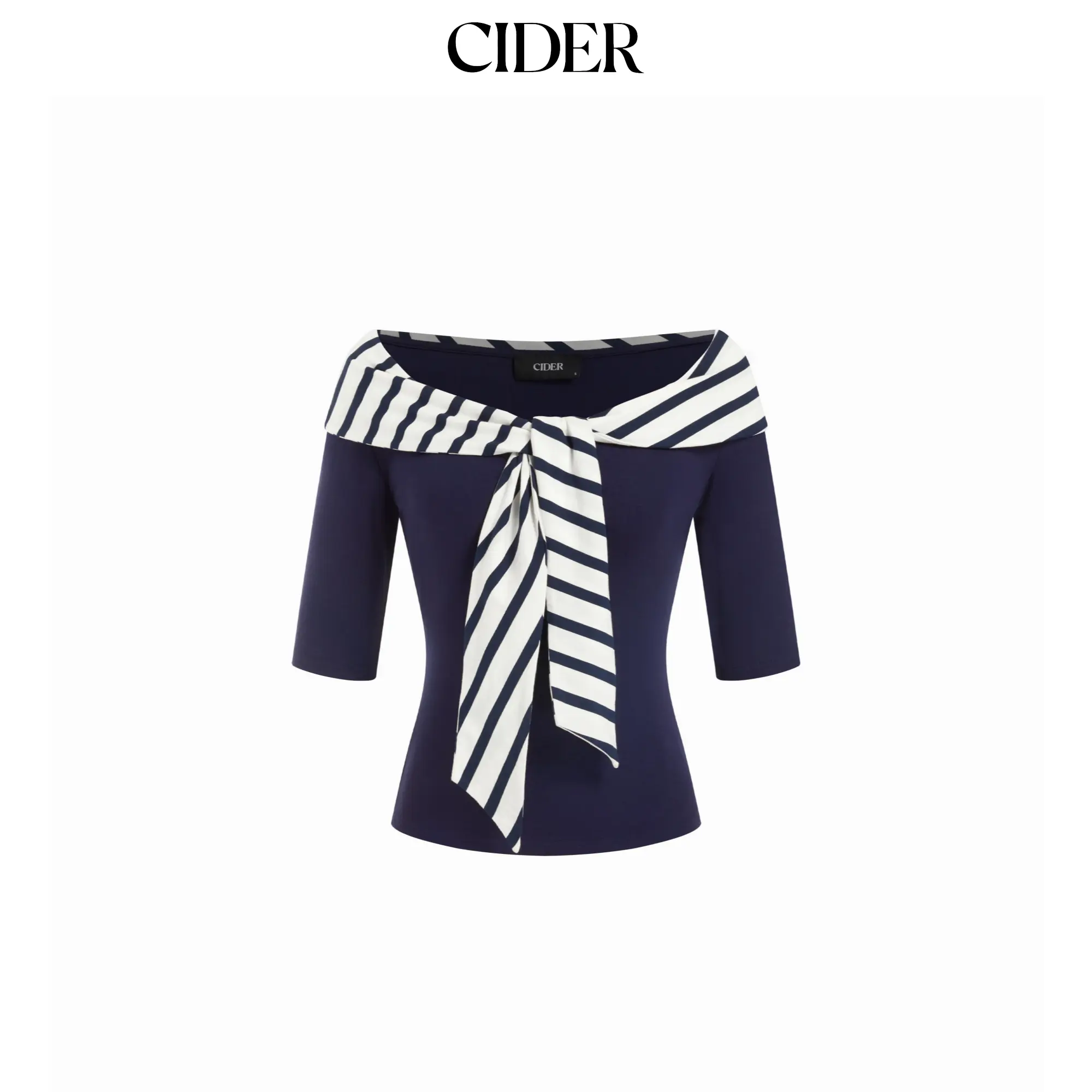 Cider Casual Striped Sailor Top for Women, Off-Shoulder with a Twist Front Detail, Cotton-Elastane Blend Tee, Blouse, Jersey Spandex, Shirts, Lady, Rayon, Rayon Blend