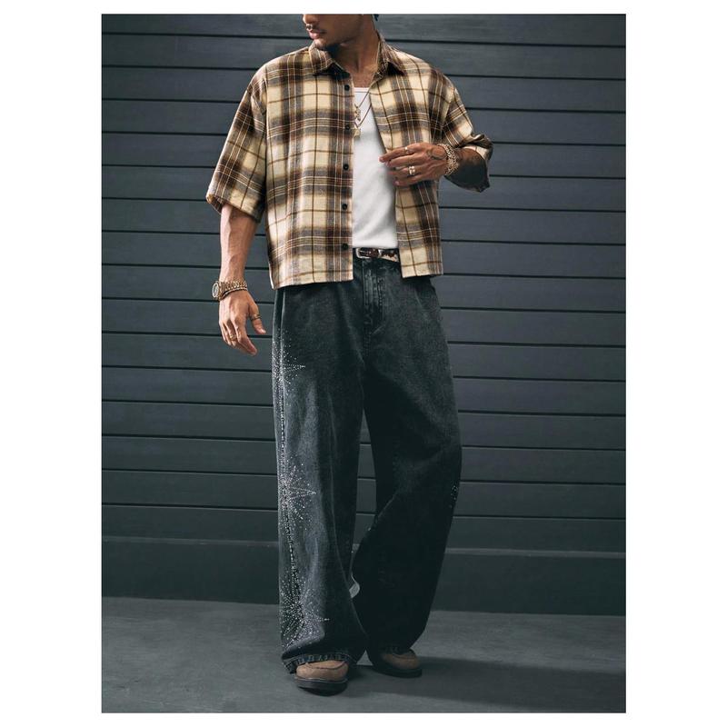 Cropped Plaid Number Graphic Button Down Shirts Short Sleeve Retro Preppy Crop Tops