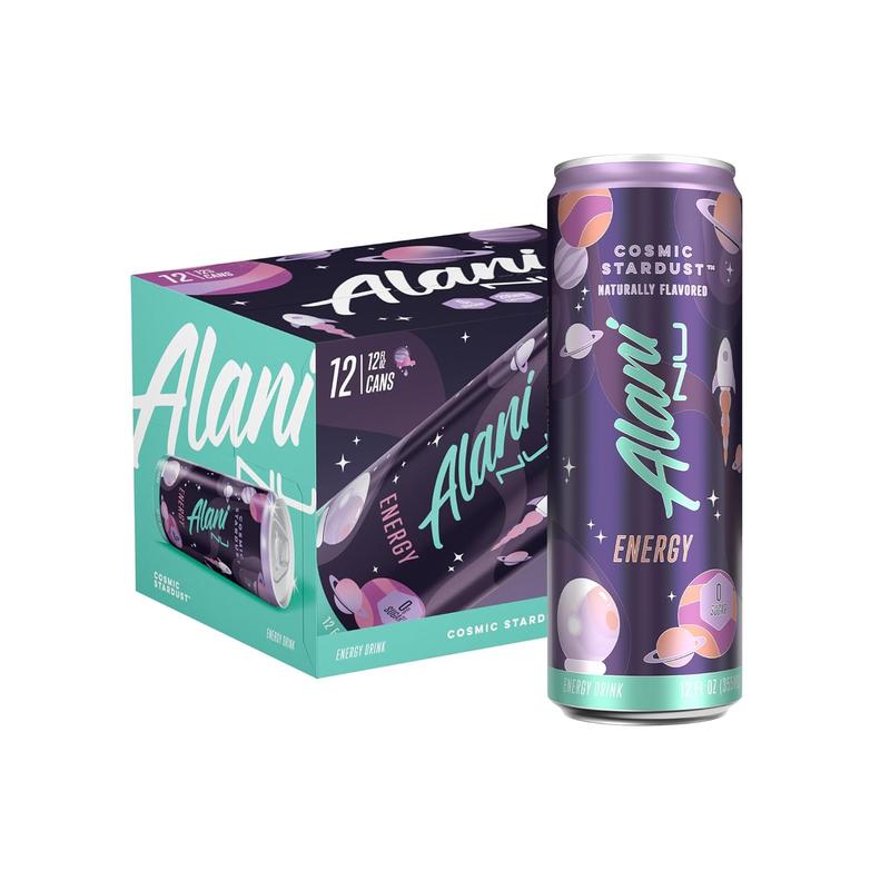 Alani New Energy Drink Cosmic Stardust Naturally Flavored 12 Cans Pack Sugar-Free Low Calorie with B-Vitamins & Biotin