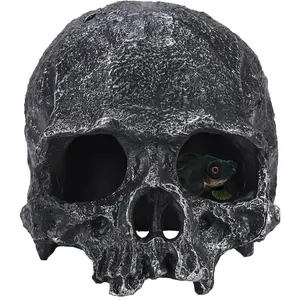 Resin Reptile Hideout for Tank Realistic Skull Decor for Terrarium Black Decorative Skeleton Head Hides and Caves for Fish Ball Python Axolotl Tarantula