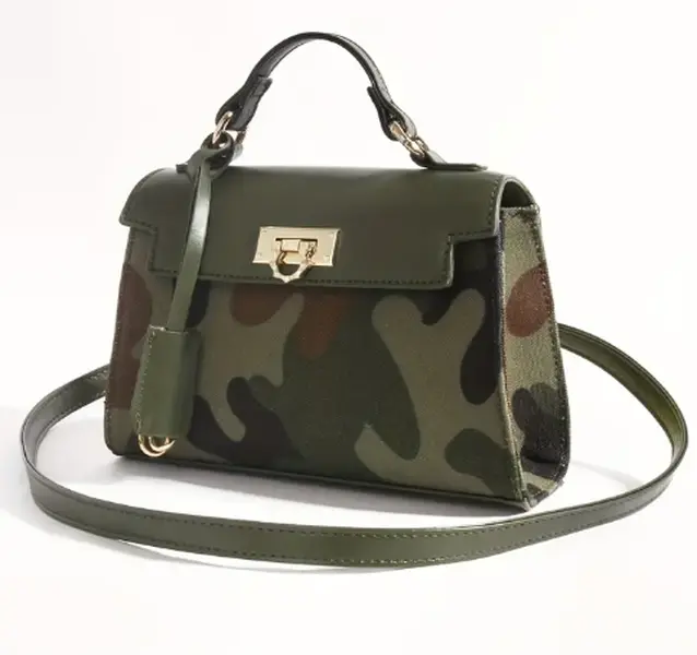 Camouflage Mini Top Handle Crossbody Bag with Gold-Tone Turn-Lock Closure & Adjustable Strap for Versatile Styling