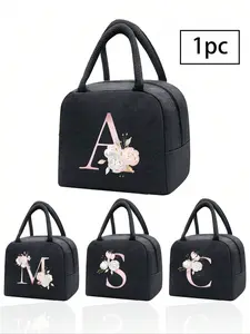 1PC insulated bag, insulated durable lunch bag, boys and girls school cooler, handbag, lunch box, ice bag, picnic food handbag, floral letter pattern lunch box, canvas lightweight portable lunch storage bag, school office picnic lunch handbag （black)