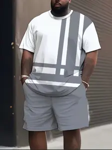 Men's Plus Size Casual Sportswear Set, 3D Print Design, Colorblock Pattern, Round Neck Knitted Fabric, Loose Fit