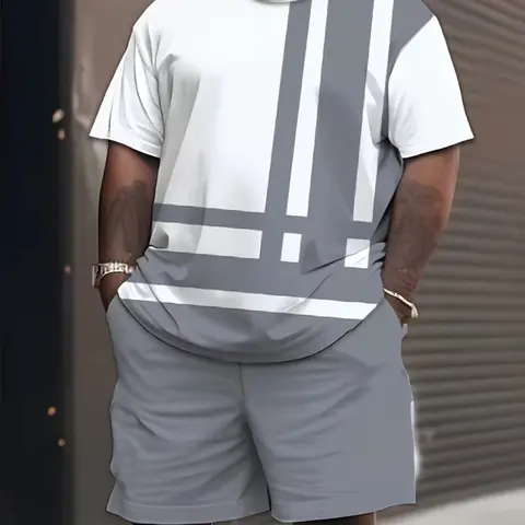 Men's Plus Size Casual Athletic Sportswear Set, Casual Sporty Design, 3D Print Design, Colorblock Pattern, Round Neck Knitted Fabric, Loose Fit