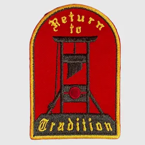 Return to Tradition Patch - 3” x 2” Iron-On Embroidered Design Featuring Iconic Chopping Device and "Tradition" Text