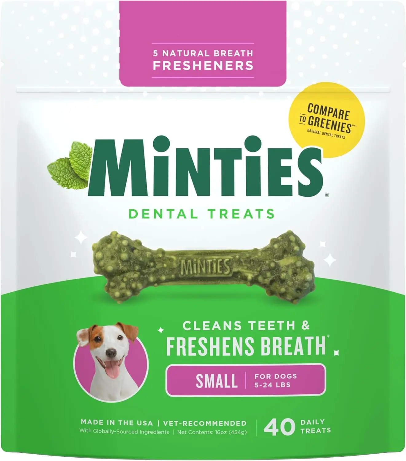 Minties Dog Dental Bone Treats, Tiny/Small Dental Dog Treats, 16 Ounces, Cleans Teeth, Fight Bad Breath, Removes Plaque and Tartar, 40 Count