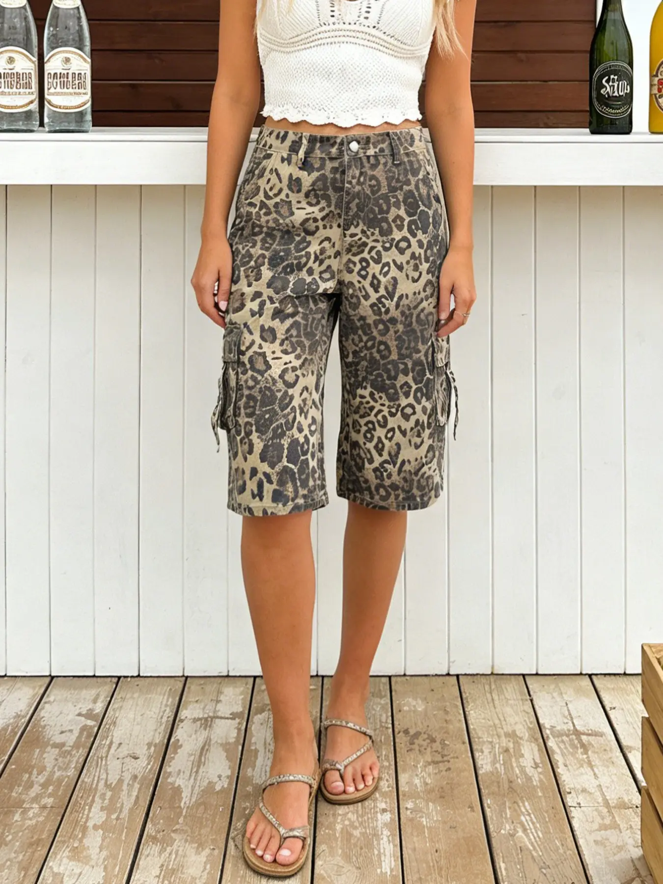 Women's Leopard Print Denim Loose Seven-Quarter Pants, Casual Summer, Fashionable Sexy Shorts for Dating, Everyday, All Seasons, Jean Shorts