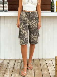 Women's Leopard Print Denim Loose Seven-Quarter Pants, Casual Summer, Fashionable Sexy Shorts for Dating, Everyday, All Seasons