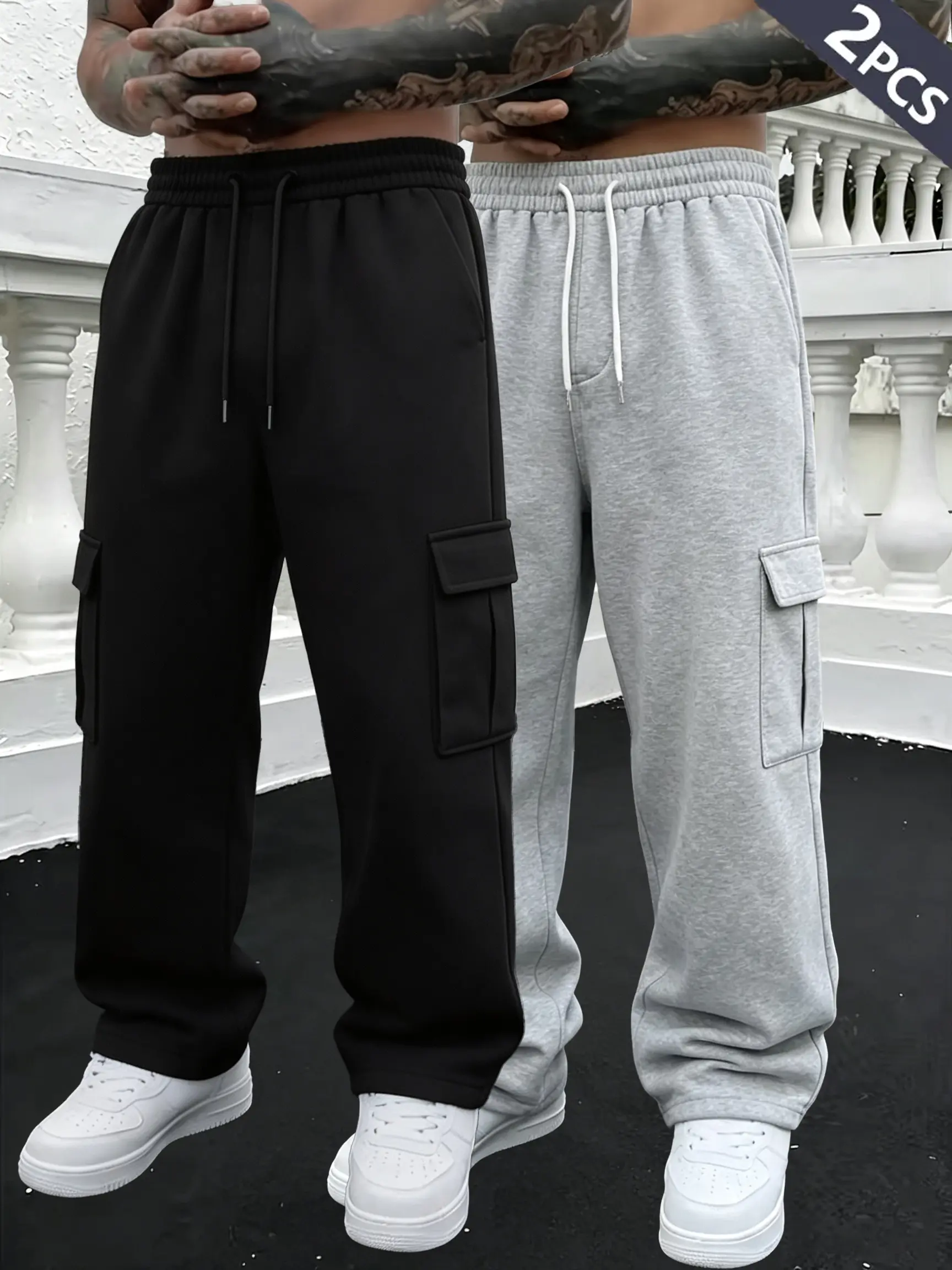 Men's 2-Pack Cargo Sweatpants, Stylish Vintage Streetwear Pants with a Loose Wide-Leg Fit, Multiple Pockets & Drawstring, Activewear, Sportswear, Menswear, Baggy, Clothes, Outfits, Polyester