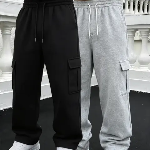 Men's 2-Pack Cargo Joggers - Vintage Drape Loose Wide-Leg Comfy Baggy Sweatpants, Multiple Pockets, Elastic Drawstring, Stylish Streetwear, Casual Athletic Polyester Male Clothing Bottoms