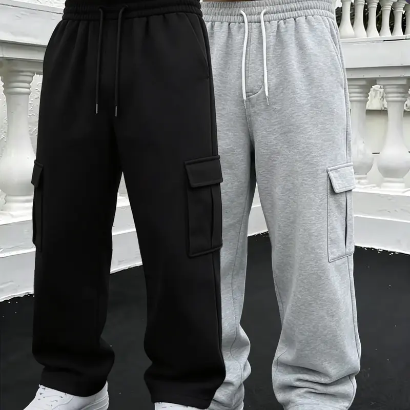 Men's 2-Pack Cargo Joggers - Vintage Drape Loose Wide-Leg Comfy Baggy Sweatpants, Multiple Pockets, Elastic Drawstring, Stylish Streetwear, Casual Athletic Polyester Male Clothing Bottoms