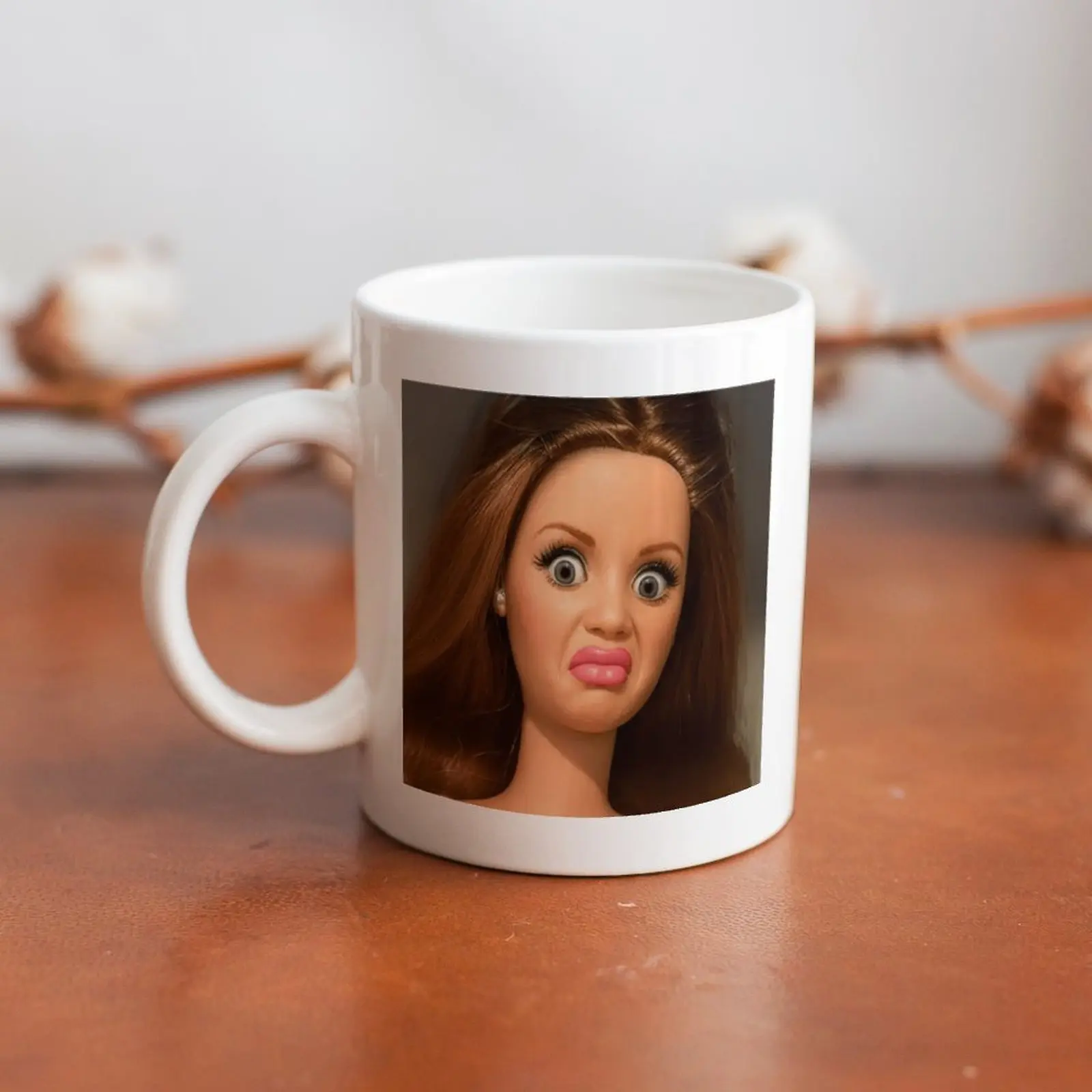 Ceramic Handle Mug - Funny Doll Face Print, Sarcastic Meme Drinkware for Daily Coffee, Tea Use