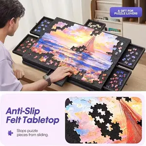 1 set dark gray Puzzle Board Suitable for 1000pcs Puzzles, Featuring Six Drawers and a Slanted Design. It Includes a 2-in-1 Stand and Cover, Made of Lightweight Felt, Suitable for Adults and Convenient for Puzzle Enthusiasts to Carry