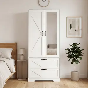 2 Door Wood Wardrobe For Bedroom With Hanging Clothing Rod Inside The Cabinet And 2 Drawers For Storage Organization, Built-In Induction Light Multifunctional Closet With Mirror, White/Black/Natural