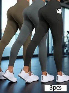 3-Piece Set High Waist Tight-Fitting Running Pants with Pockets, High Waisted Legging, Solid Sports Leggings, Casual Gym Workout Leggings for All Seasons, Fitness Apparel for Training, High Waist Activewear