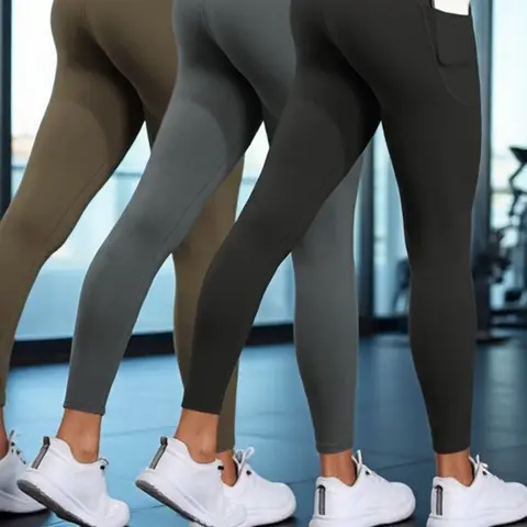 3-Piece Set High Waist Tight-Fitting Running Pants with Pockets, High Waisted Legging, Solid Sports Leggings, Casual Gym Workout Leggings for All Seasons, Fitness Apparel for Training, High Waist Activewear, Fitness Clothes