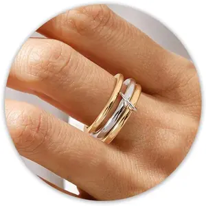 Gold Silver Interlocked Stackable Rings for Women Non Tarnish Dainty Ring Set Cubic Zirconia Stacking Statement Rings Two-Toned Connected Bands Jewelry Gift for Women